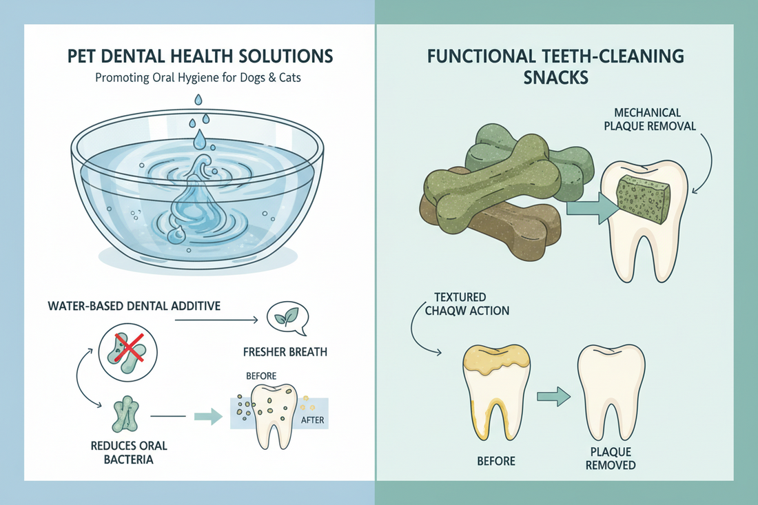 Why are water-based additives and functional teeth-cleaning snacks more effective?