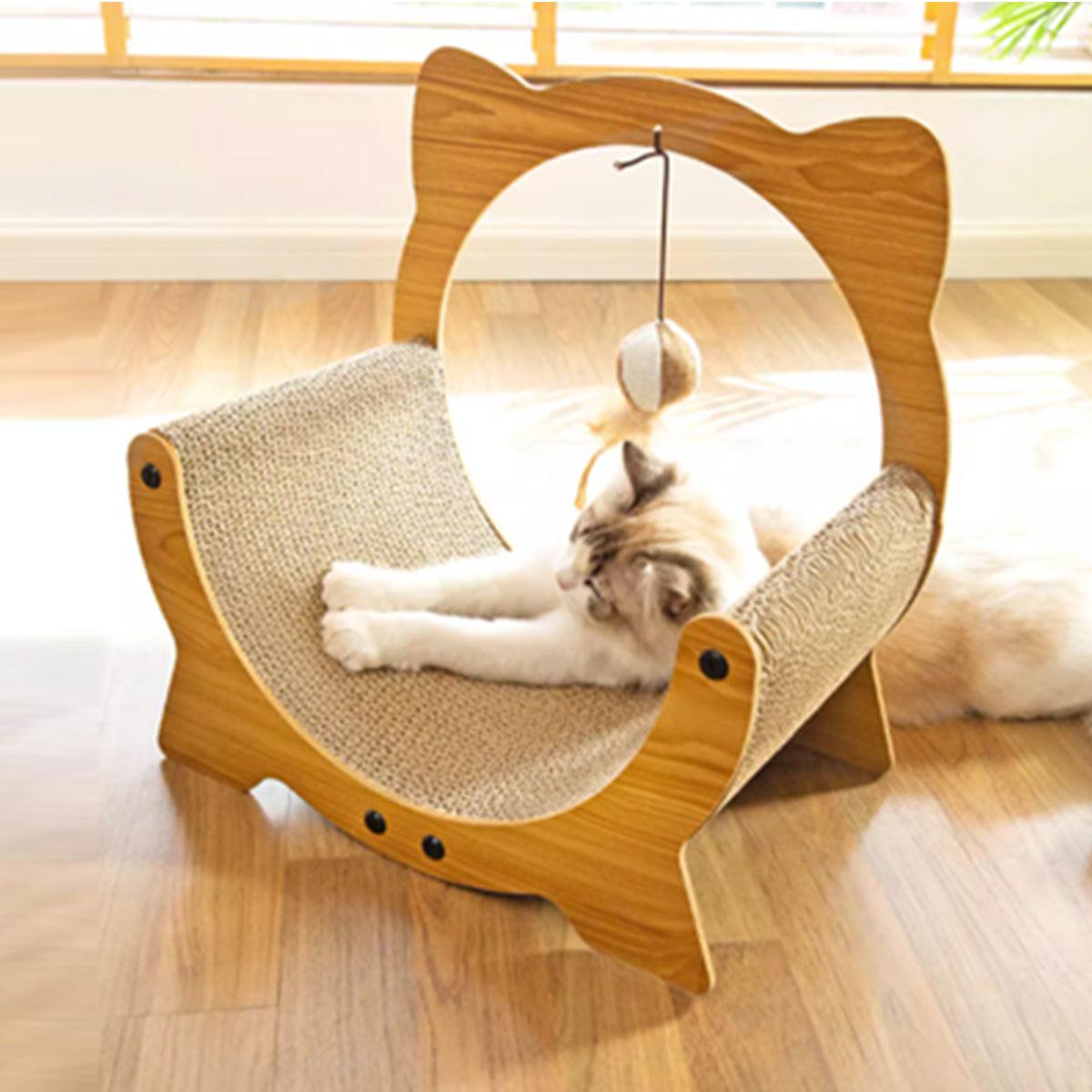 SunReady 2-in-1 Wooden Cat Scratcher Lounge feature view for indoor cats