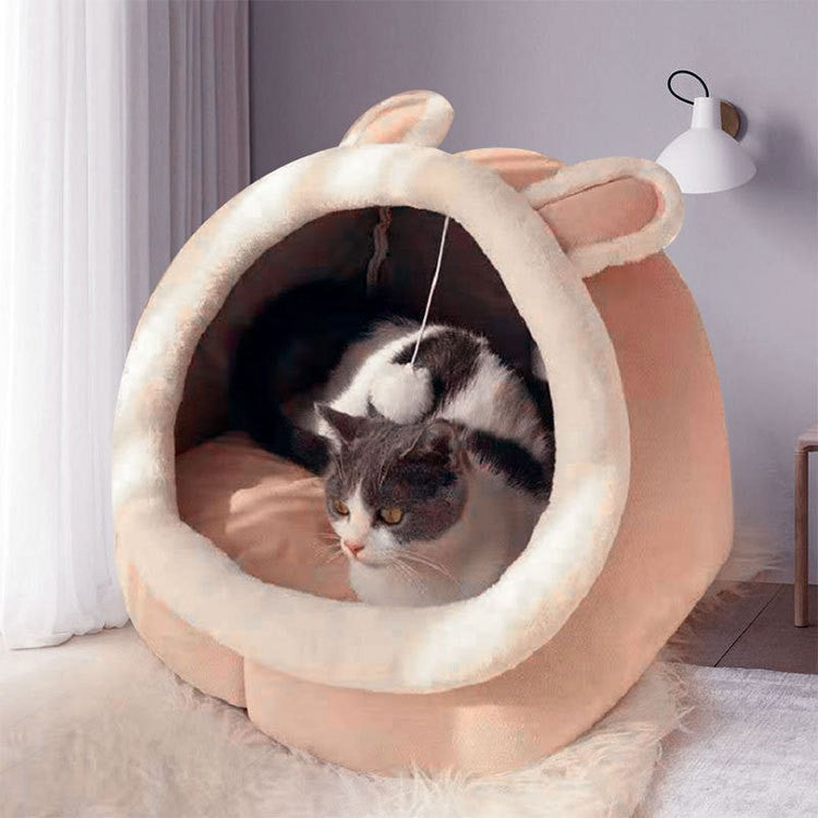SunReady Calming Cat Cave Bed with Teaser Toy feature view for indoor cats