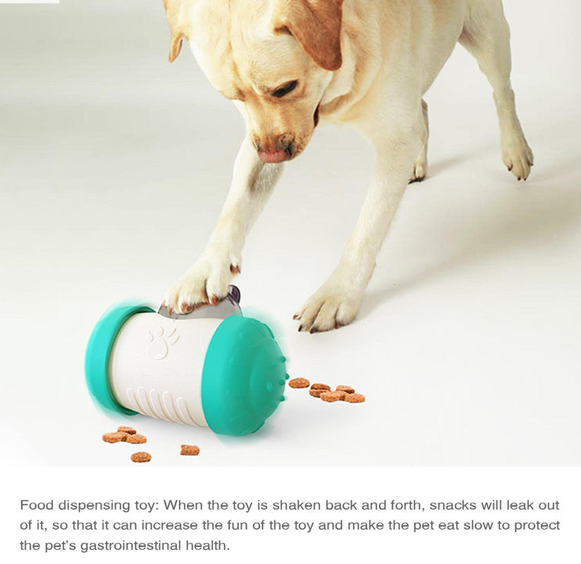 Happy dog playing with SunReady™ Wobble & Treat puzzle toy to get treats
