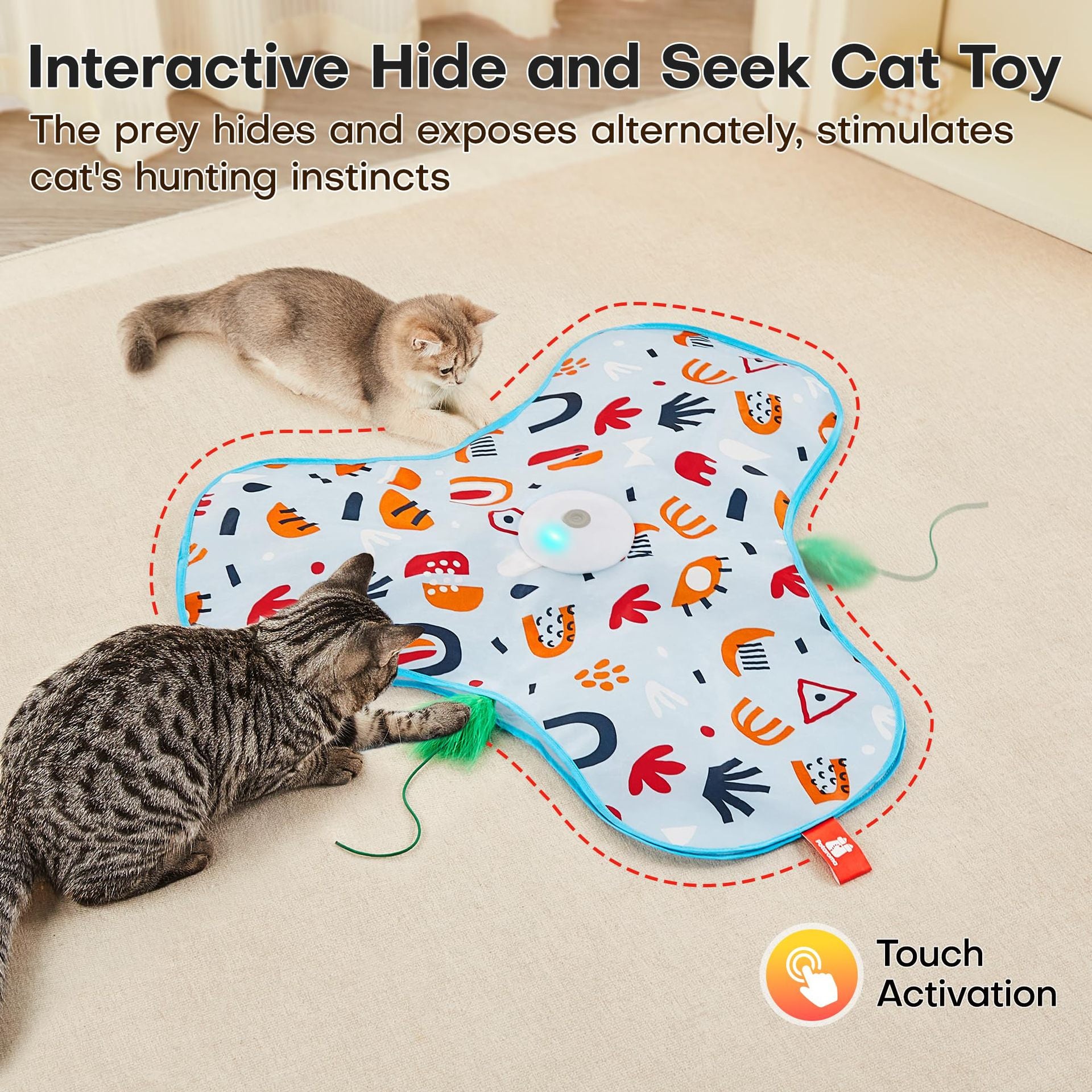 SunReady Rechargeable Peek-a-Boo Cat Toy with Feathers detail for enrichment play at home